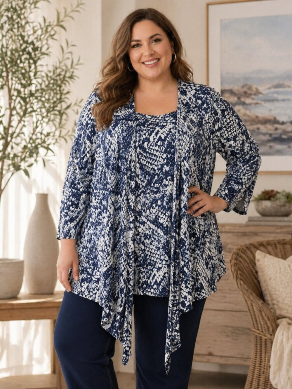 Belle Kim Gravel Printed Slub Knit Shrug and Tank Set Indigo Snake Plus Size 4X